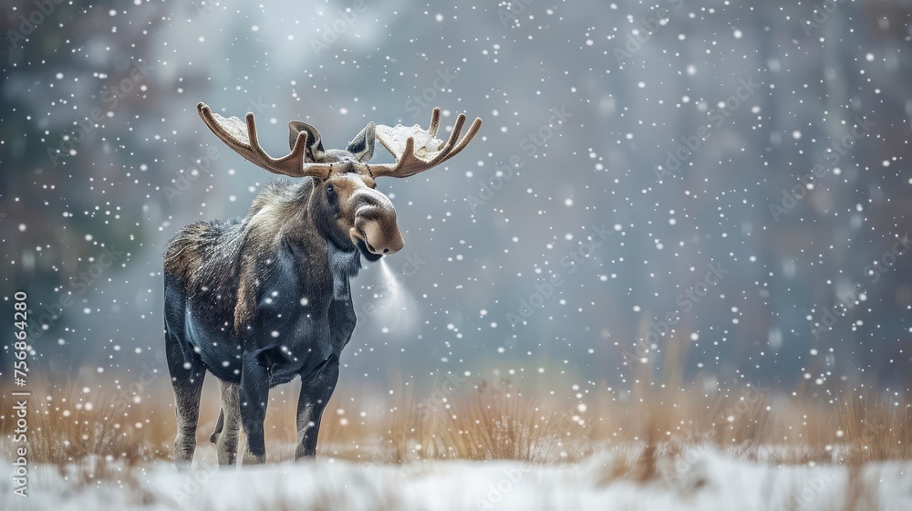 Majestic Moose in Snowy Winter Landscape under Gently Falling Snowflakes Majestic Moose in Snowy Winter Landscape under Gently Falling Snowflakes