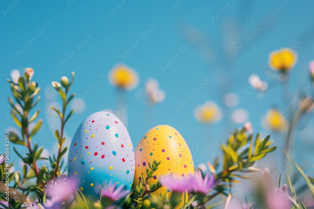 Festive Springtime Scene: Colorful Easter Eggs Adorned with Polka Dots Resting Gently Among Fresh Flowers