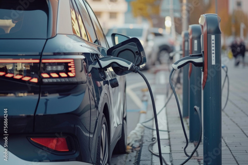 a black car is plugged into a charging station by AI generated image © chartchai