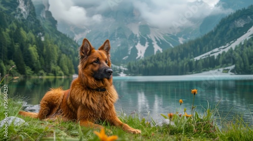 Majestic German Shepherd Dog Relaxing by Serene Mountain Lake with Alpine Scenery in Background