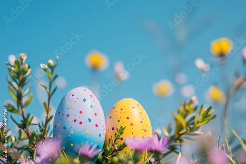 Festive Springtime Scene  Colorful Easter Eggs Adorned with Polka Dots Resting Gently Among Fresh Flowers