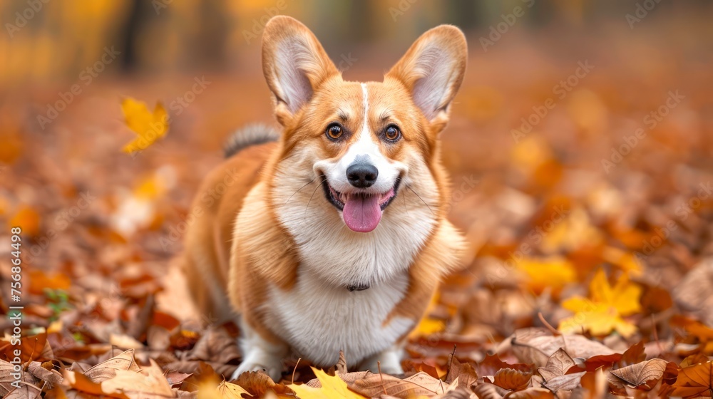 Charming Pembroke Welsh Corgi Dog Enjoying Autumn Season in a Park with Colorful Fallen Leaves Charming Pembroke Welsh Corgi Dog Enjoying Autumn Season in a Park with Colorful Fallen Leaves