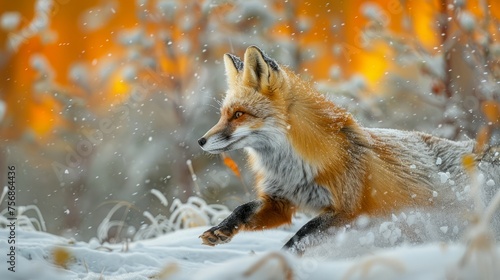 Majestic Red Fox in Snowy Environment with Orange Autumn Leaves Background © pisan