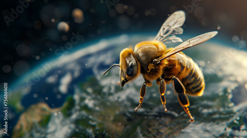 A bee in flight over a model of the Earth, showcasing natures pollinators in action, world health day.