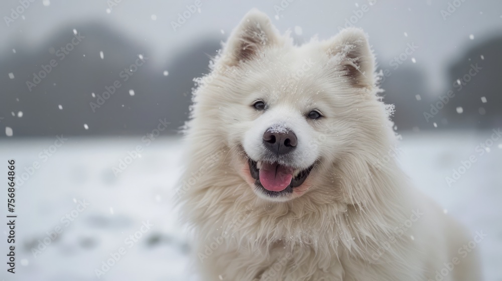 Fototapeta premium Smiling Samoyed Dog Enjoying Snowfall in Wintry Landscape, Fluffy Pure White Pet in Snowy Weather
