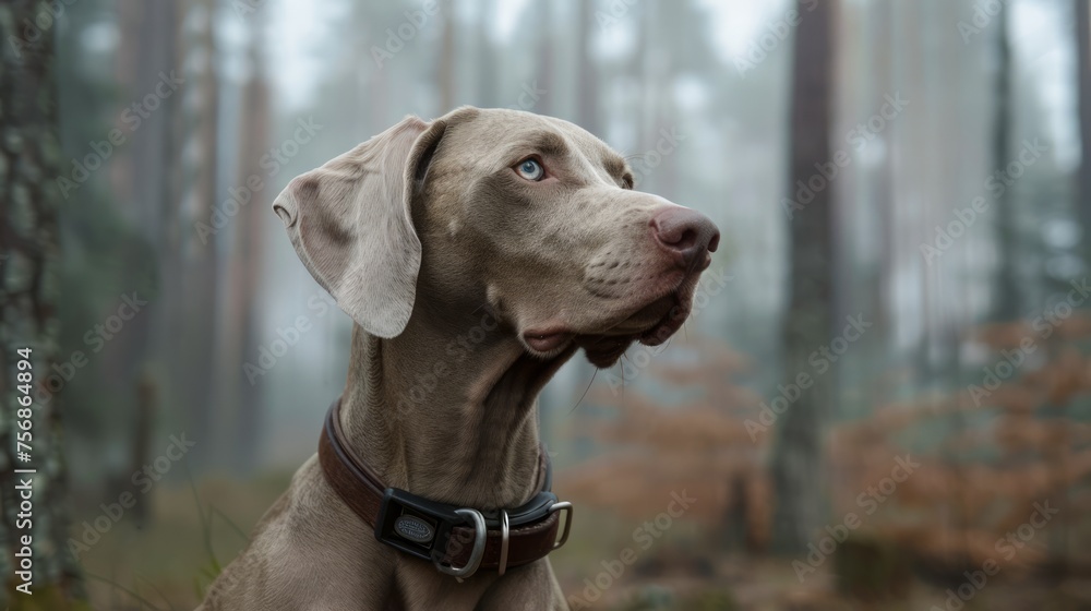 Attentive Weimaraner Dog Wearing Collar Sitting in Misty Forest - Portrait of Loyal Pet in a Natural Outdoor Setting