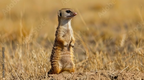Alert Meerkat Standing on Hind Legs in Natural Grassland Habitat, Wildlife in Savanna Conservation Area, Close-up Portrait
