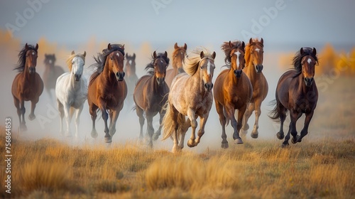 Herd of Wild Horses Galloping Majestically Across Dusty Field in Autumnal Landscape - Nature and Wildlife Concept photo