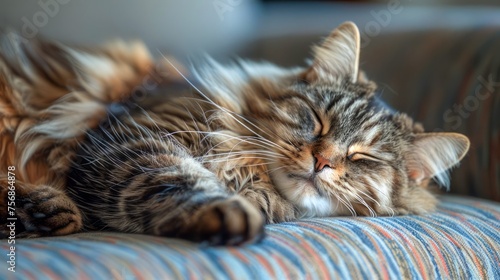 Adorable Fluffy Tabby Cat Napping Peacefully on a Striped Sofa - Perfect Pet Relaxation and Home Comfort Theme photo