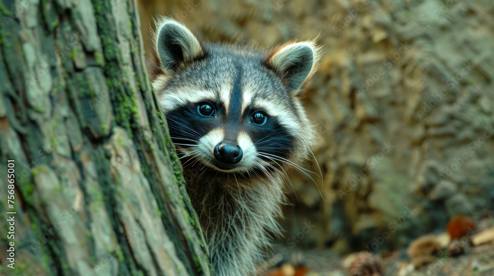 Close-up Portrait of a Curious Raccoon Peeking Out from Behind a Tree in Natural Woodland Environment