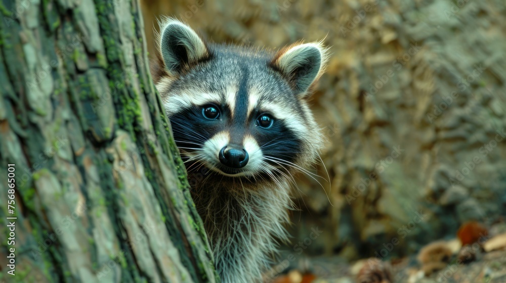 Close-up Portrait of a Curious Raccoon Peeking Out from Behind a Tree in Natural Woodland Environment Close-up Portrait of a Curious Raccoon Peeking Out from Behind a Tree in Natural Woodland Environment