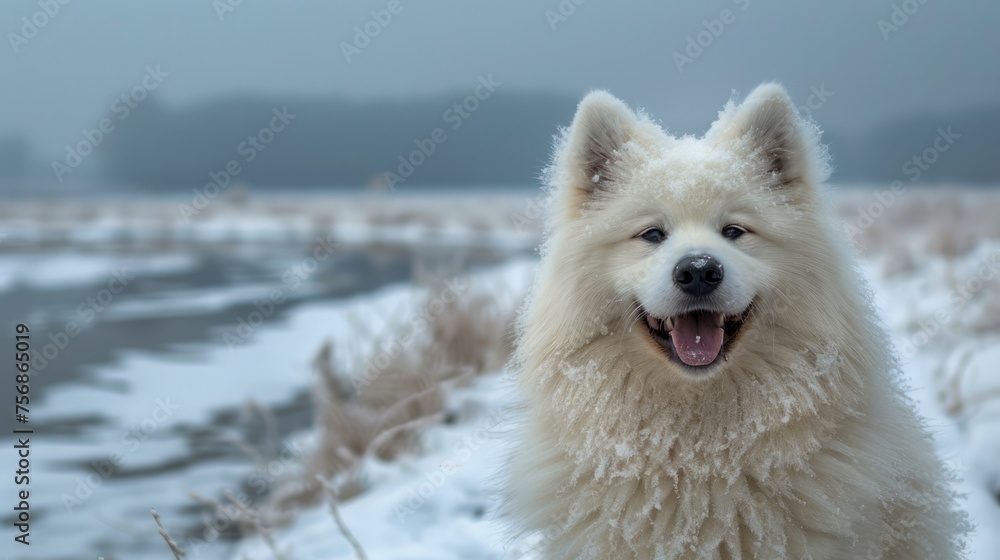 Happy Samoyed Dog Sitting in Snowy Landscape During Winter Season with Misty Background Happy Samoyed Dog Sitting in Snowy Landscape During Winter Season with Misty Background