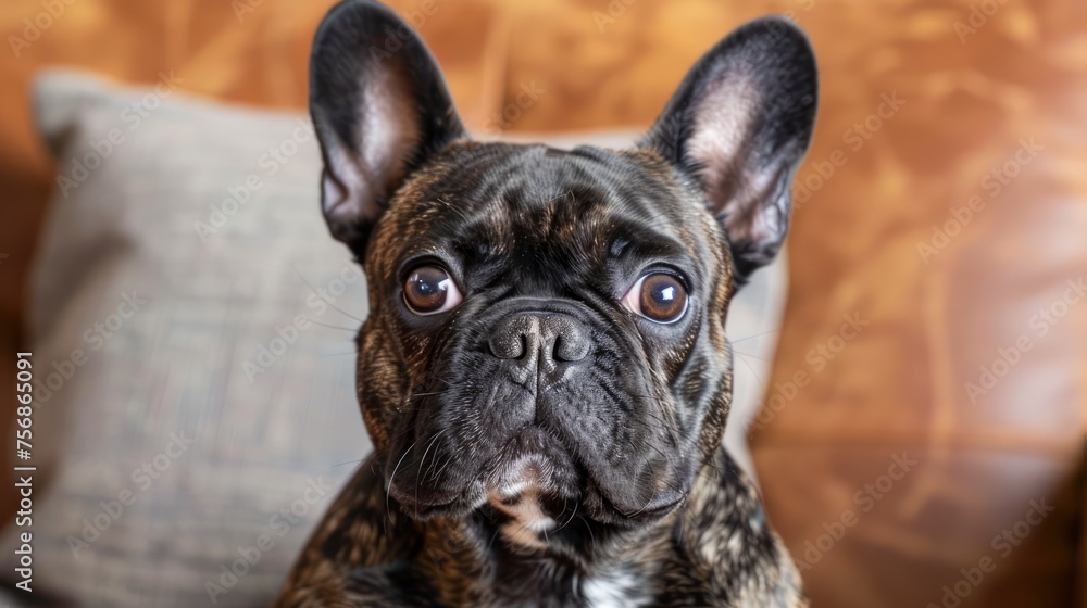 Fototapeta premium Adorable Brindle French Bulldog Sitting on Couch with Pillow in Cozy Home Interior, Cute Canine Companion, Pet Portrait