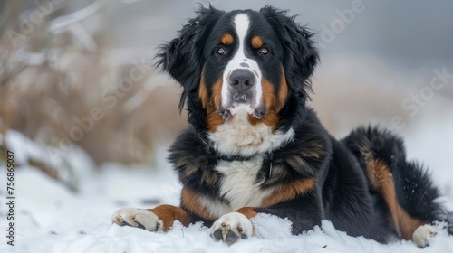 Majestic Bernese Mountain Dog Lying in Snowy Landscape  Serene Winter Pet Portrait  Canine Outdoor Adventure