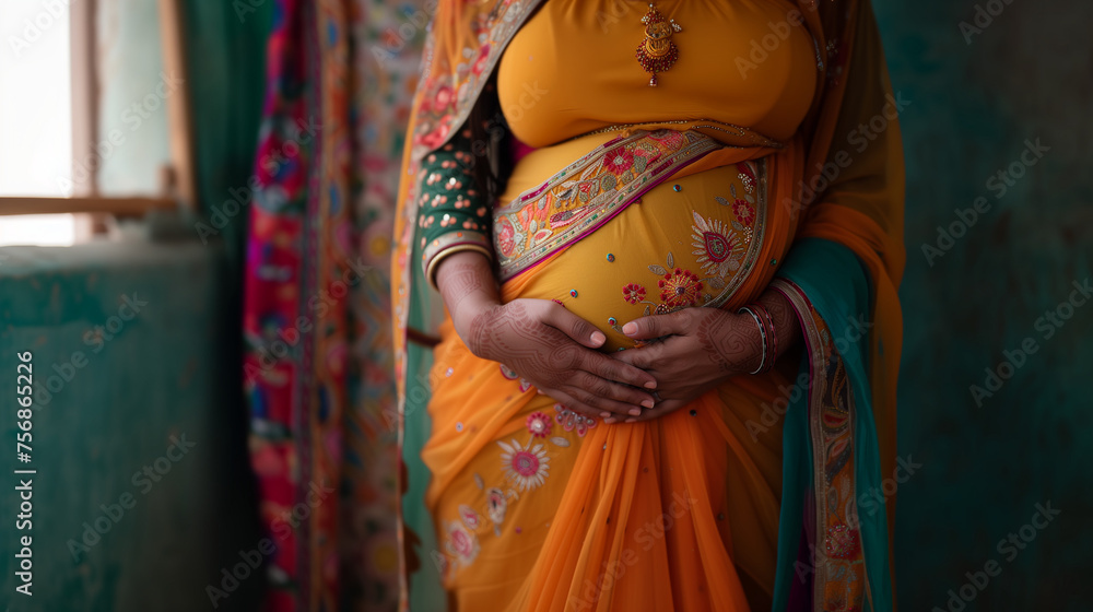 A pregnant Indian woman dressed in a vibrant yellow and orange sari. Copy space.