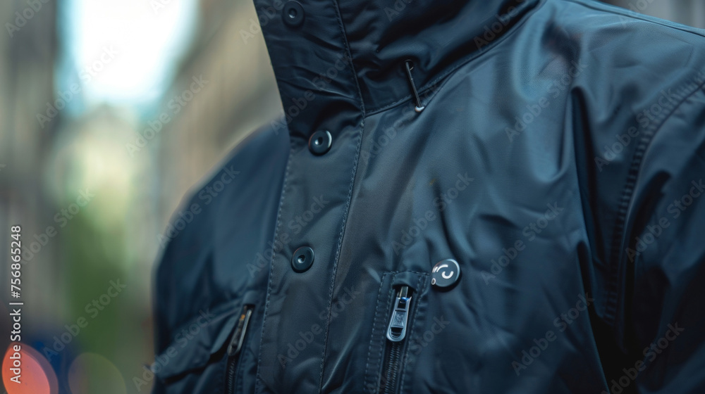 A plainlooking jacket with a discreet button that activates a distress signal in case of an emergency. The jacket is equipped with GPS tracking and can also send a notification A plainlooking jacket with a discreet button that activates a distress signal in case of an emergency. The jacket is equipped with GPS tracking and can also send a notification