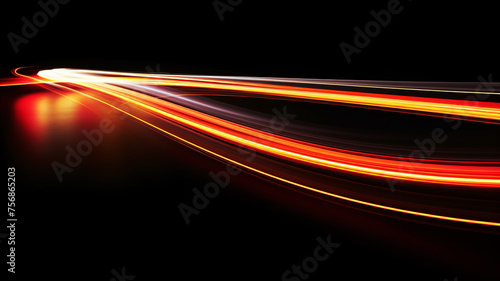 Abstract curve Light Trails, colorful luminous long exposure motion shape, high speed light streaks effects on black reflection floor background