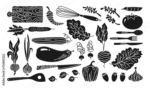 Vegetables and kitchen utensils cartoon engraving set. Vegetable carrot, cucumber, lettuce pepper or onion garlic etc. Hand drawn healthy diet farm product. Silhouette vegetarian childish menu vector