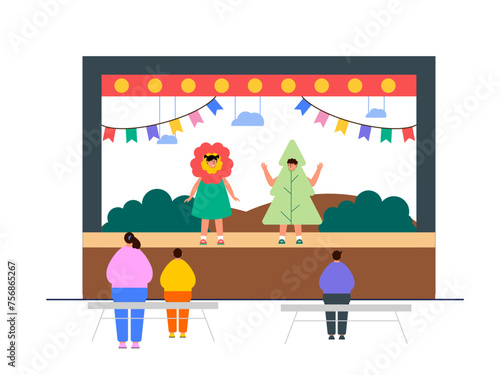 Kids is performing a drama on stage. Theatre vector illustration.