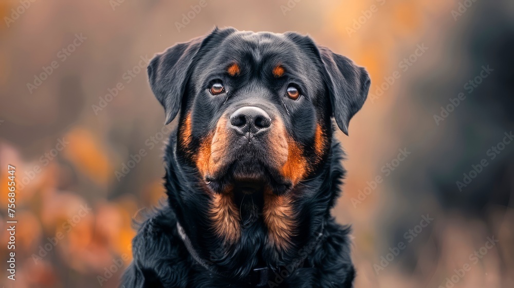 Majestic Black and Tan Rottweiler Dog Portrait with Intense Gaze in Autumnal Forest Setting
