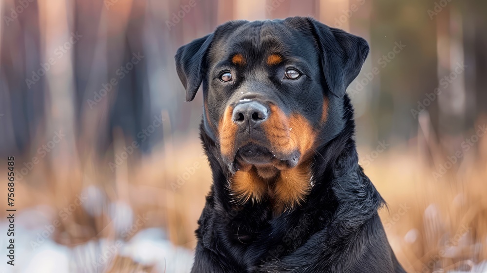 Majestic Rottweiler Dog with Soulful Eyes Sitting in Autumn Forest Scene Majestic Rottweiler Dog with Soulful Eyes Sitting in Autumn Forest Scene