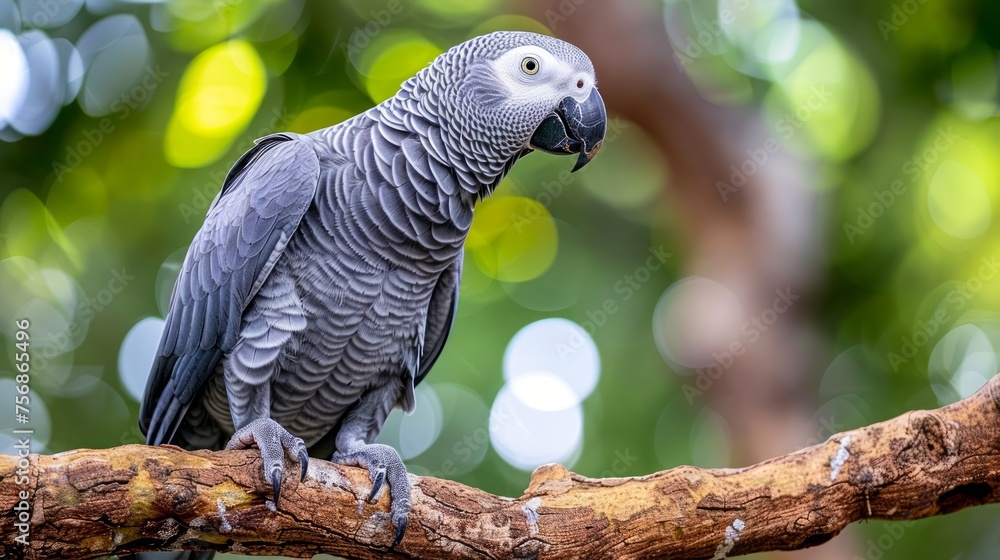 Fototapeta premium Majestic African Grey Parrot Perched on Branch in Verdant Habitat with Ethereal Bokeh Background