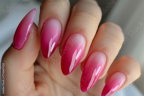 A hand holding a pink and white manicured nail with a pink tip