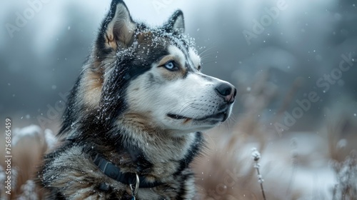 Majestic Alaskan Malamute Dog in Snowy Landscape, Winter Wonderland Animal Portrait, Siberian Beauty in Nature