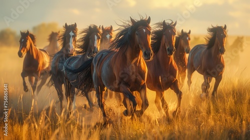 Majestic Herd of Horses Running Free in Golden Hour Light Through Lush Field, Equestrian Wildlife in Natural Habitat © pisan