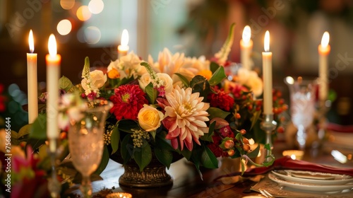 A beautifully decorated centerpiece filled with flowers and candles adorns a table set for a special occasion.