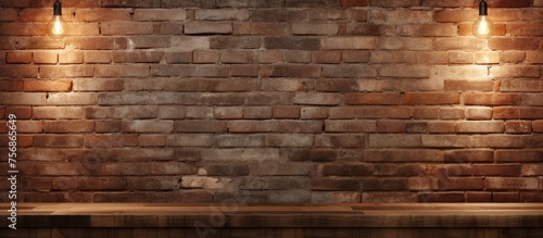 Blank wooden boards with a textured brick wall and lighting.