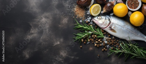 A Sweet lemon fish dish, surrounded by Citrus fruits, rosemary, and spices on a black background, giving a vibrant and flavorful presentation