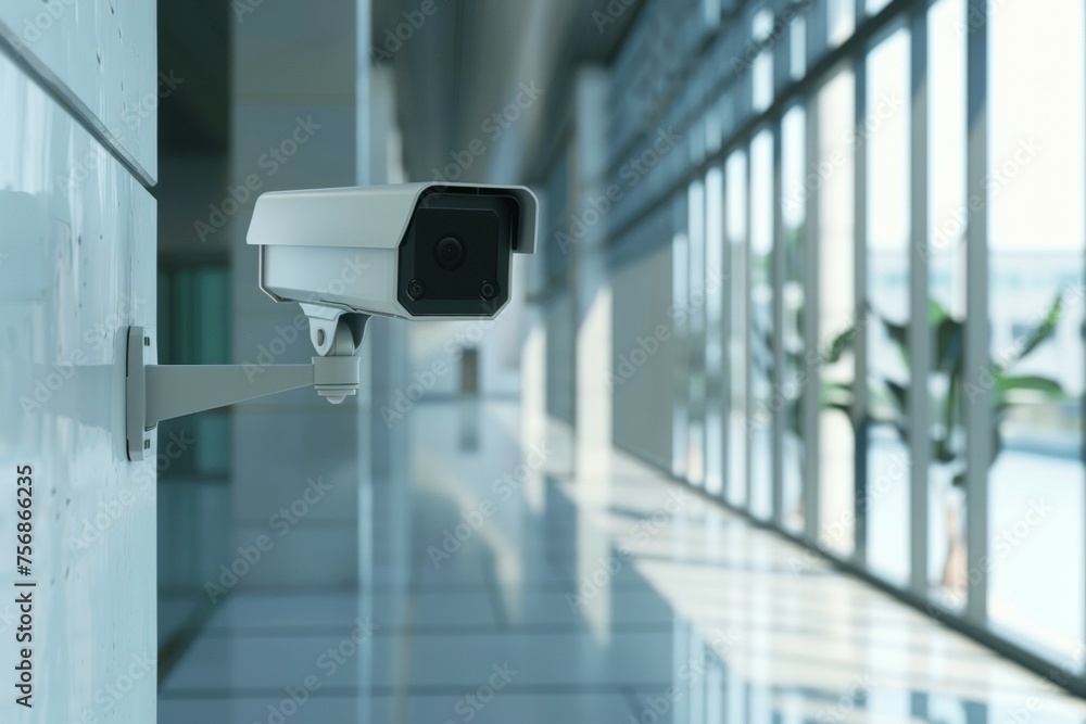 A security camera is mounted on a wall in a hallway A security camera is mounted on a wall in a hallway