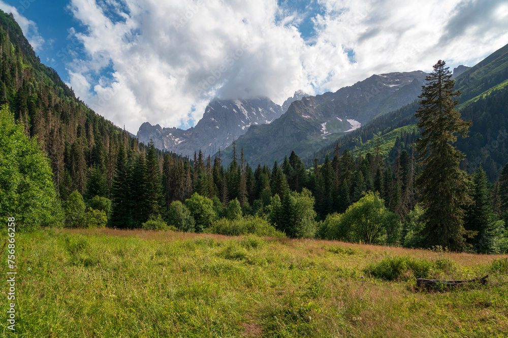 Fototapeta premium View of Kosygin's glade (Buulu Tala) in the Gonachkhir gorge and the top of Dombai-Ulgen mountain near Dombai ski resort on a sunny summer day, Karachay-Cherkessia, Russia