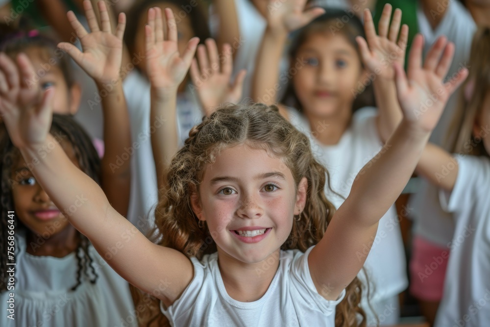 A group of young girls are standing together and raising their hands in the air