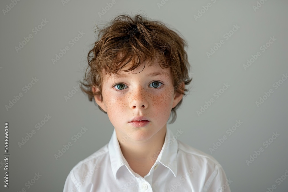 A young boy with a blue eye stares at the camera A young boy with a blue eye stares at the camera
