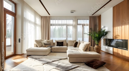 Elegant and comfortable designed living room with big corner sofa, wooden floor and big windows