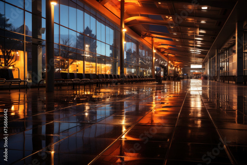 A tranquil and polished airport terminal at dusk, reflected on the shiny floor, emanating a serene travel atmosphere with spacious ambiance.