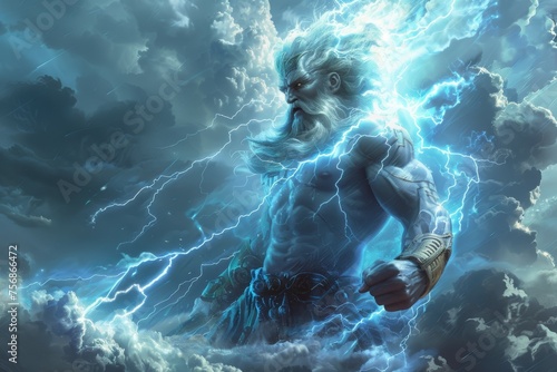A man with a beard and a lightning bolt in his hand is depicted in a painting photo
