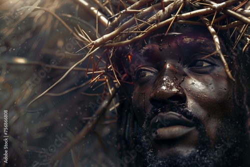 A man with dreadlocks is wearing a crown of thorns