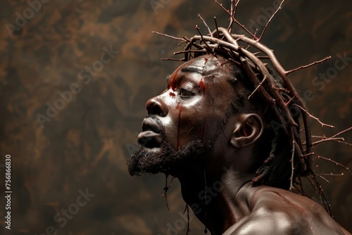 A man with a cross on his head and blood dripping from his face
