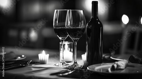 French wine bottle beside a filled glass, set on a candlelit table, hinting at a romantic dinner. Black and white, monochrome. Copy space.