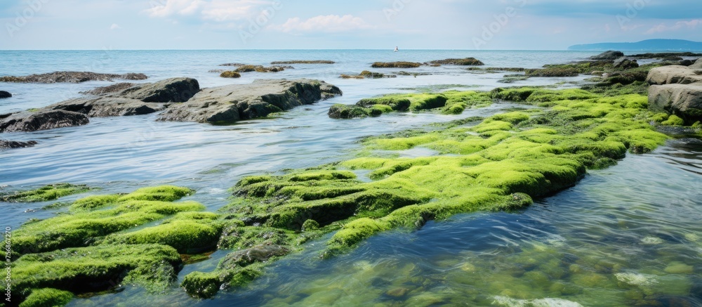 A rocky beach with green algae growing on the rocks, surrounded by water, under a clear sky. The natural landscape features grass and fluvial landforms, with wind waves creating a serene event
