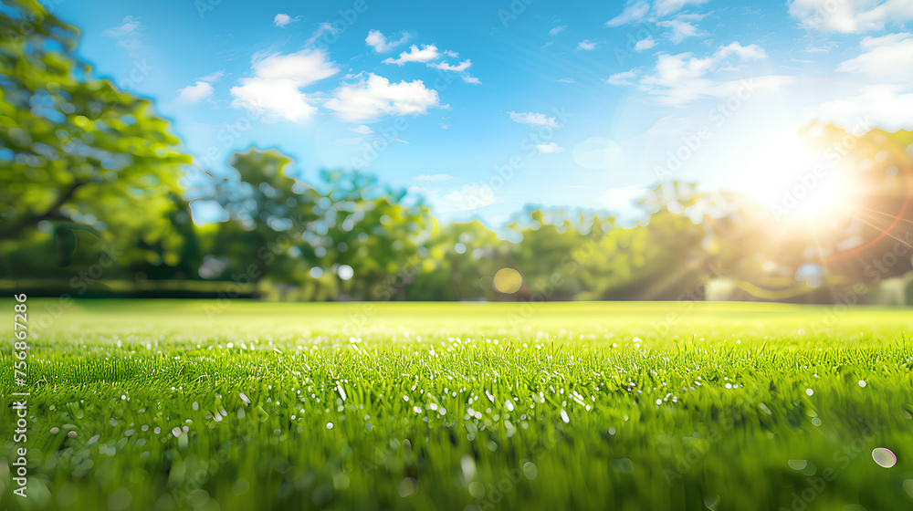 A serene park scene focusing on vibrant green grass under a sunny blue sky with fluffy clouds