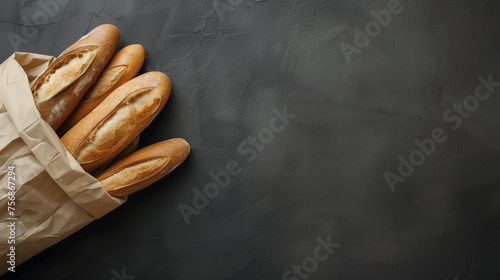 A brown paper craft bag filled with golden baguettes against a dark backdrop. Grocery store concept, food delivery. Copy space, banner. photo