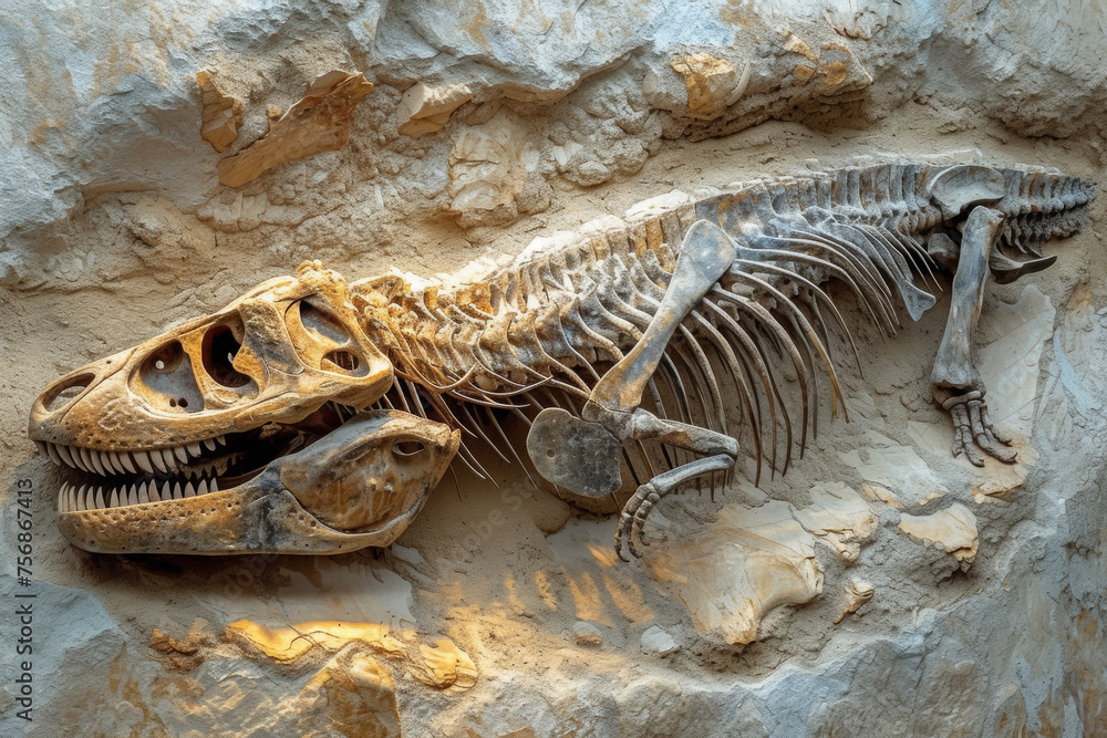 Naklejka premium Dinosaur skeleton. Backdrop with selective focus and copy space