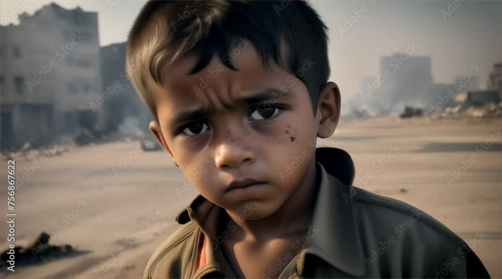 A sad boy stands on the road among the ruins of buildings, houses, cars destroyed during the war. A sad boy stands on the road among the ruins of buildings, houses, cars destroyed during the war.