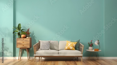 green mint wall with sofa & sideboard on wood floor-interior