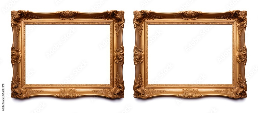 Two brown wood picture frames with a rectangular shape, showcasing symmetry and art. The frames are made of metal brackets and stand out on a white background Two brown wood picture frames with a rectangular shape, showcasing symmetry and art. The frames are made of metal brackets and stand out on a white background