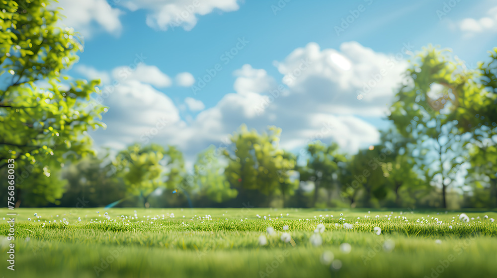 A serene park scene focusing on vibrant green grass under a sunny blue sky with fluffy clouds